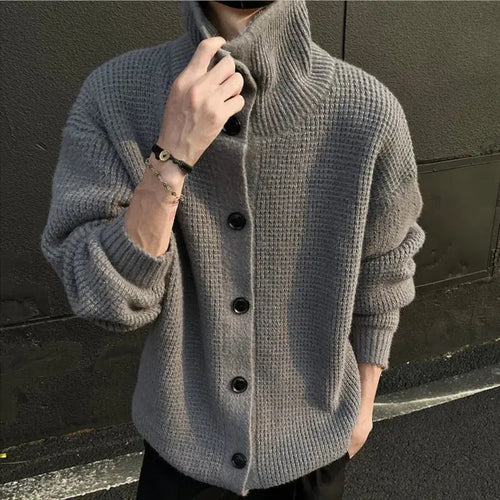Autumn Whisper cardigan in solid color, featuring a stylish stand collar design.
