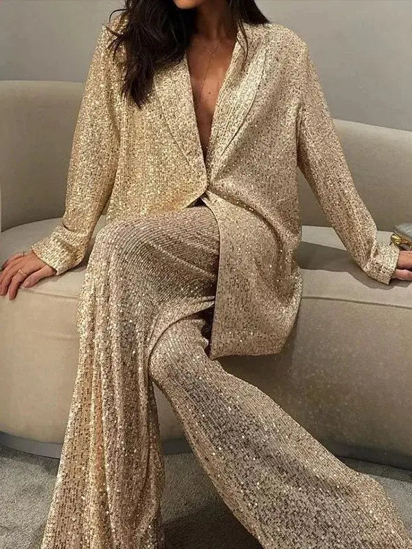 Side view of the Dazzle Effortlessly suit set, capturing the dynamic sparkle of the sequins.