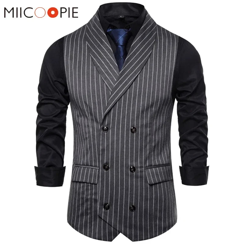 Double-breasted vest in plaid pattern, crafted from cotton and polyester blend for comfort.