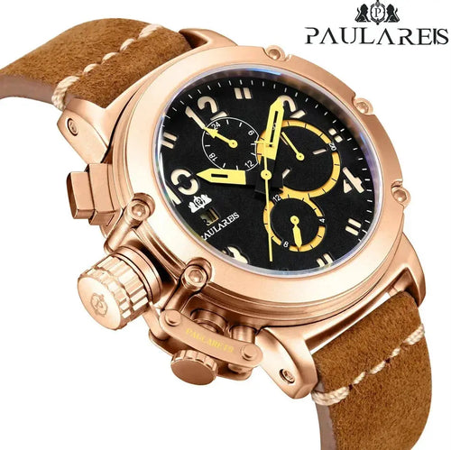 Rose gold watch with brown leather strap and automatic functionality.
