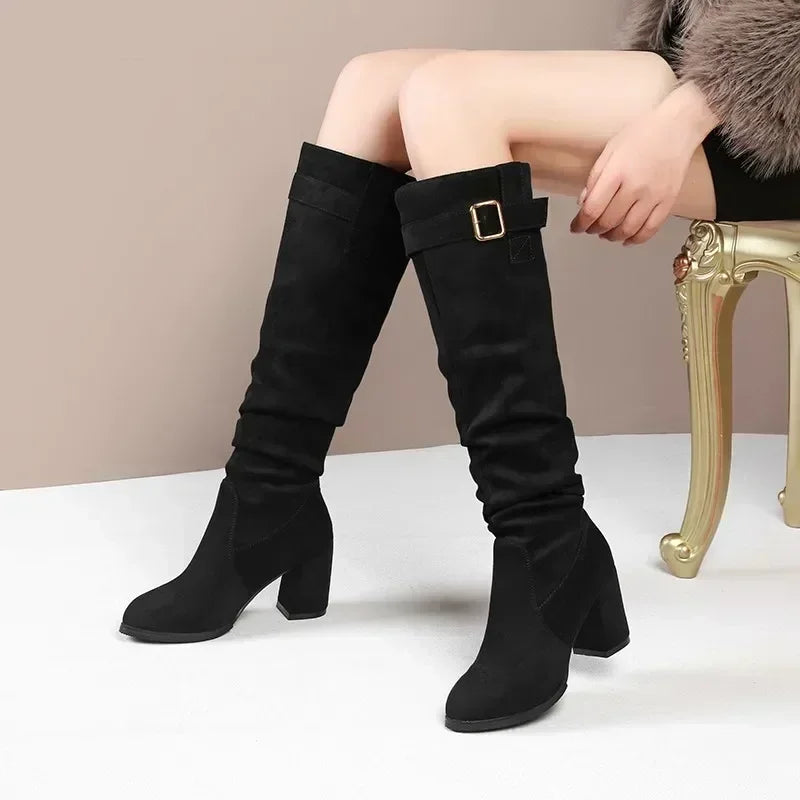 Waterproof suede mid-calf boots in neutral tone with square heel and pleated detailing