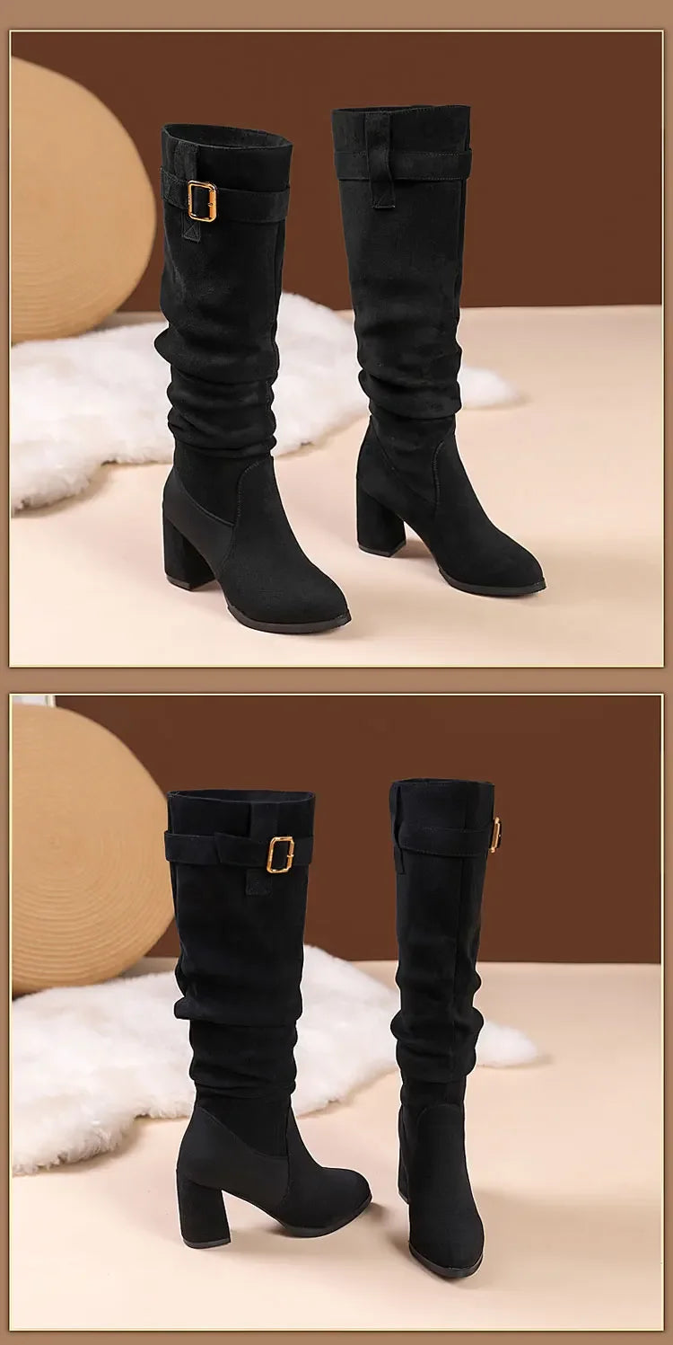 Lined suede boots with waterproof technology and elegant square heel design