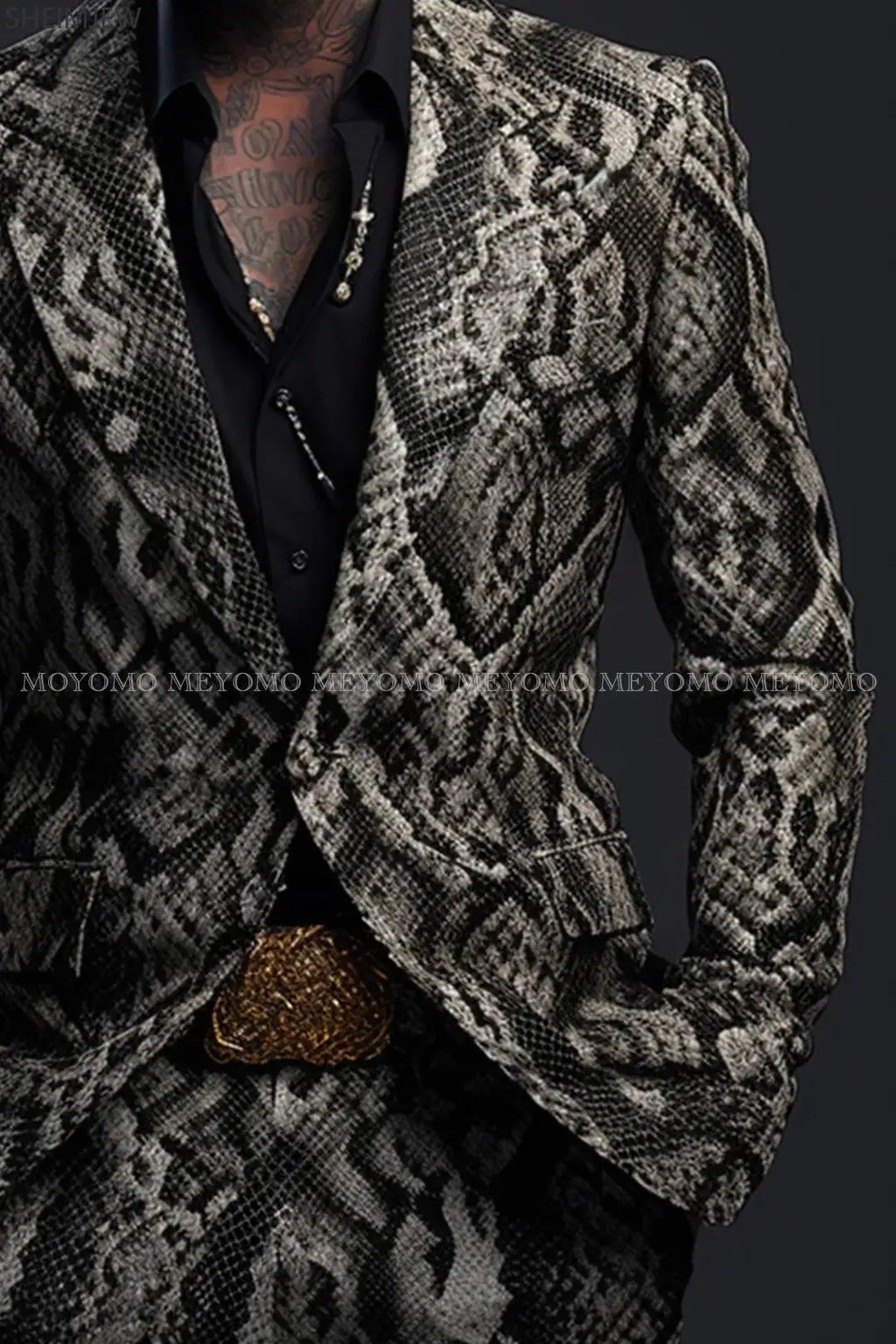 Close-up of the crocodile pattern on the suit, highlighting its luxurious texture and sophisticated appeal.