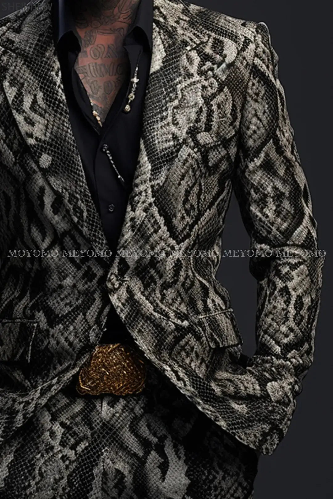 Close-up of the crocodile pattern on the suit, highlighting its luxurious texture and sophisticated appeal.