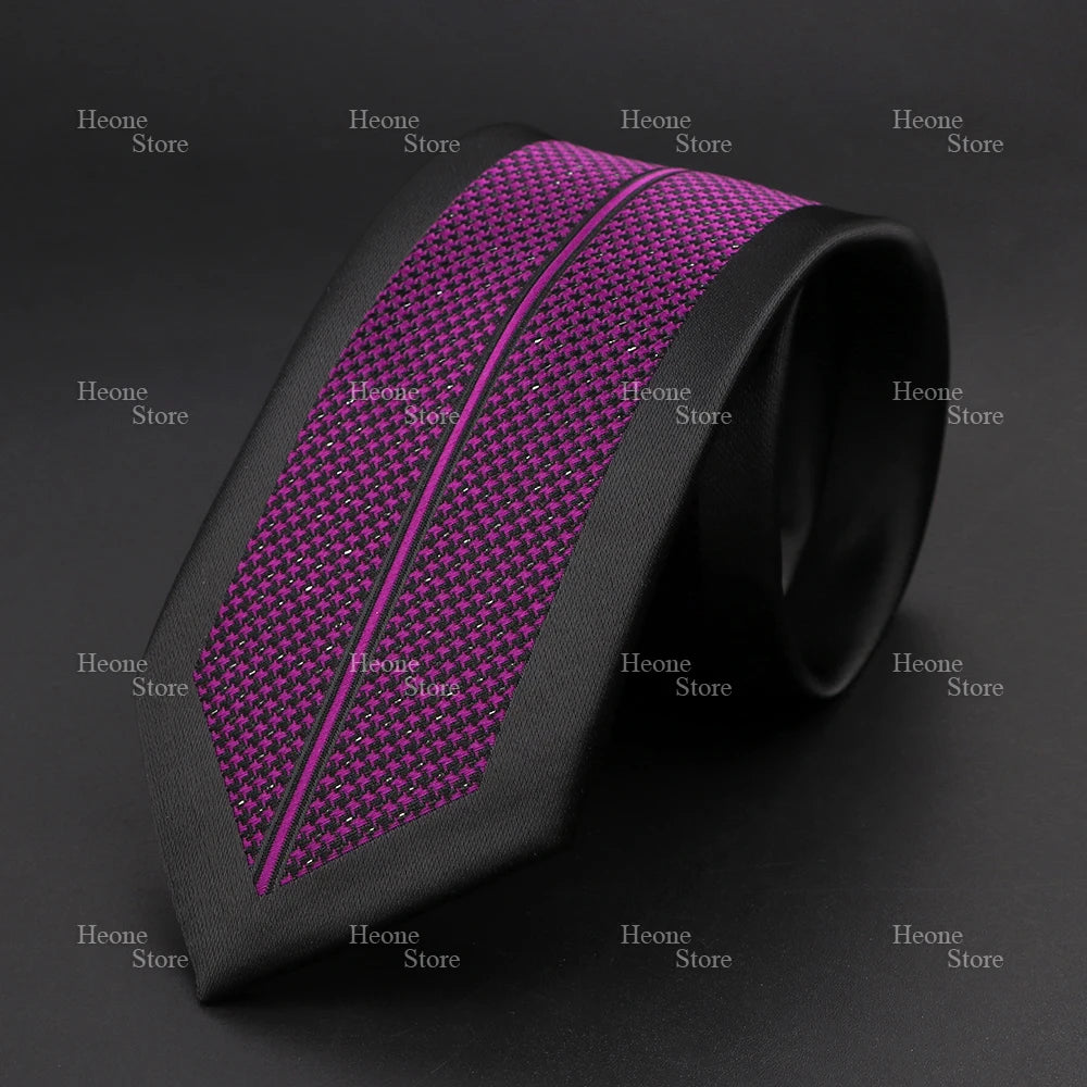 High-class tie featuring a modern pattern in deep purple and black.