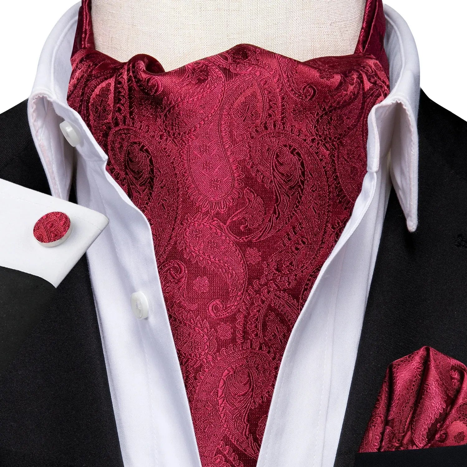 Stylish ascot with matching handkerchief, perfect for gentleman's attire.