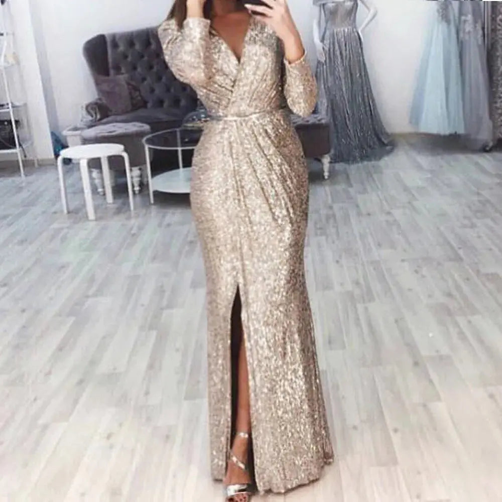 Full-length view of the Midnight Sparkle Gown, showcasing its floor-length design.