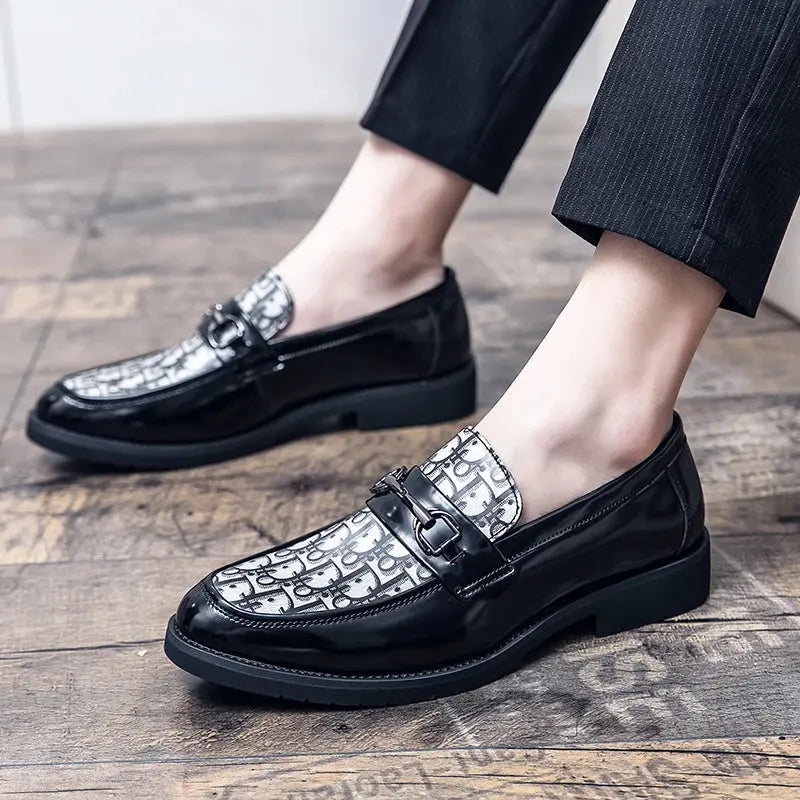 Close-up of the unique print on stylish graphic loafers for a standout look.