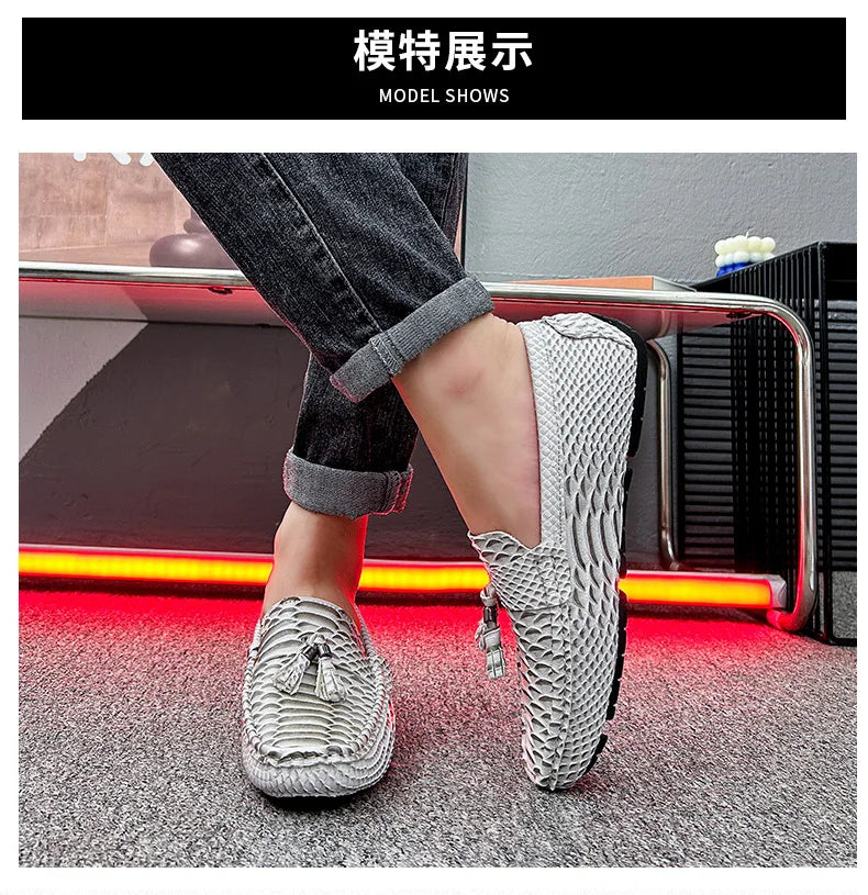 Men's leather slip-on shoe with elegant perforations and no-lace convenience