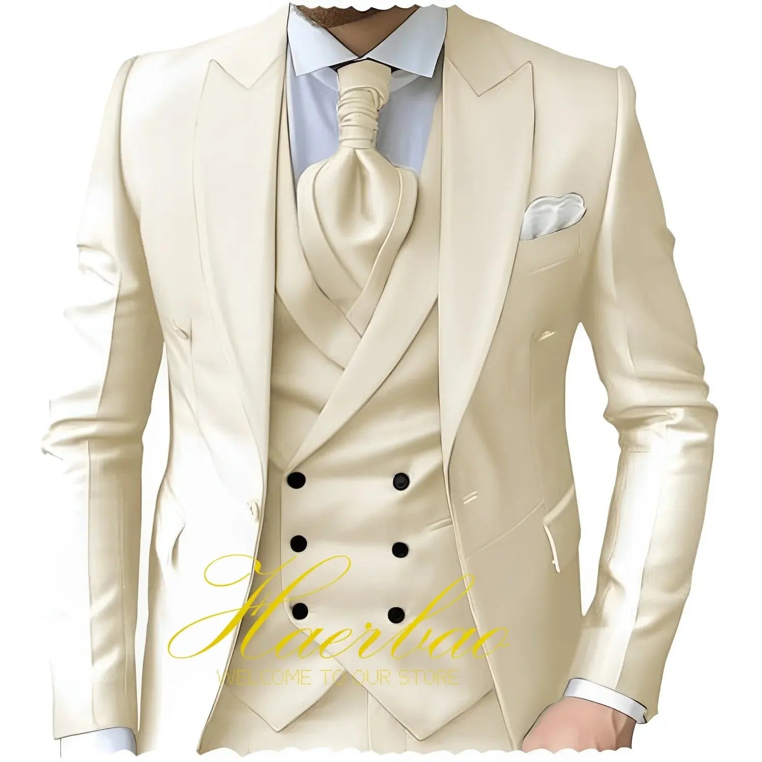Navy three-piece suit paired with a crisp white shirt and stylish tie for formal occasions.