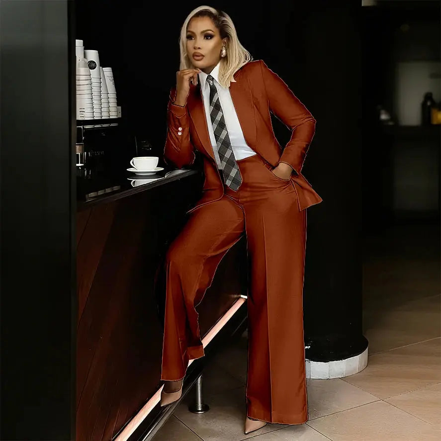 Model wearing a slim-fit white suit set, exuding professionalism.