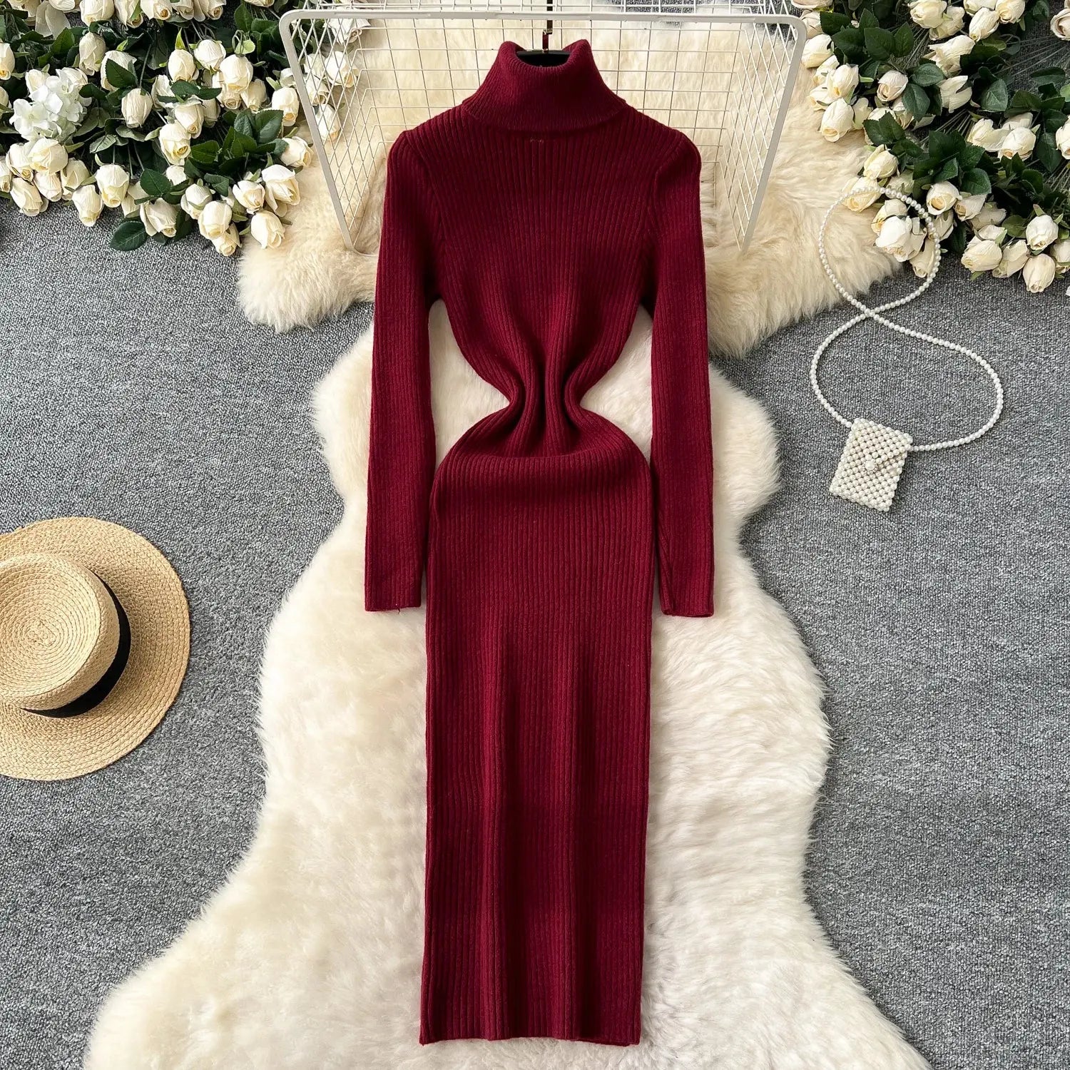 Detail shot of the turtleneck on the Winter Whisper Dress, illustrating its stylish design.