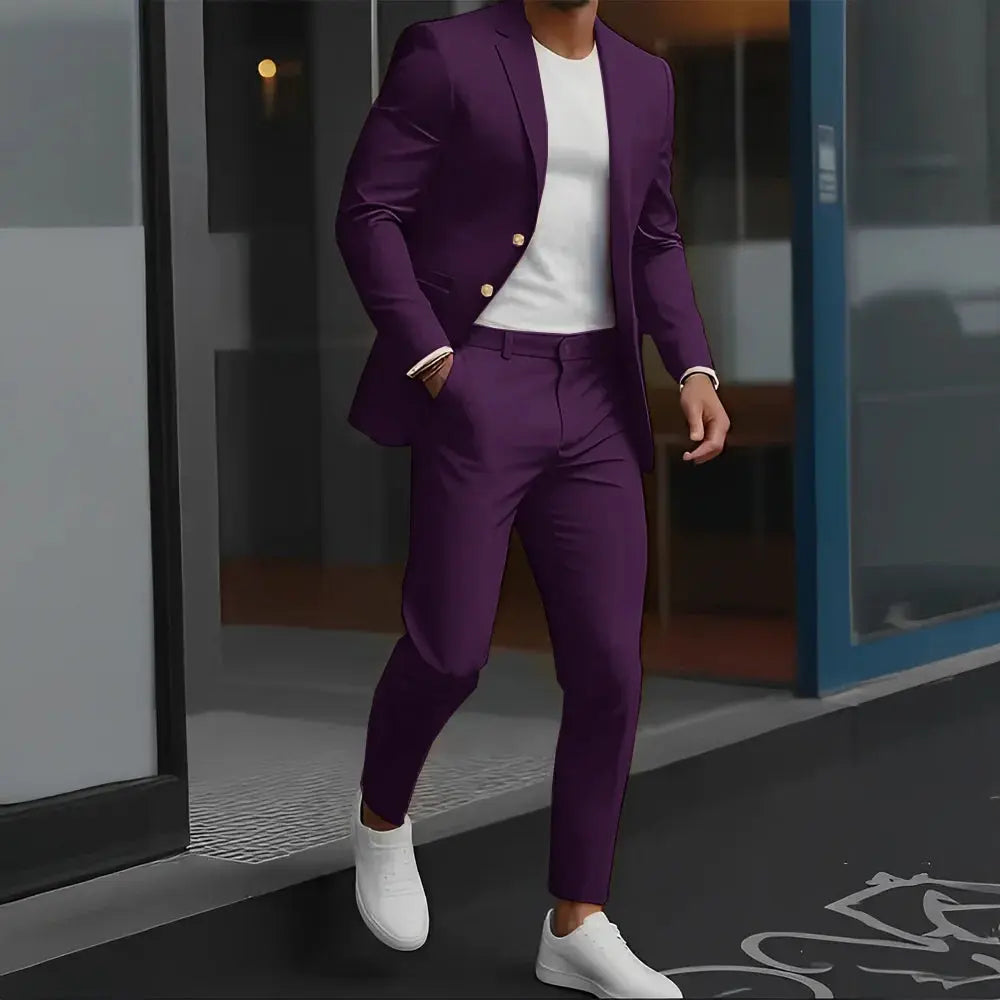 Stylish navy wool suit displayed with accessories for a complete look.
