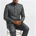Wrinkle-resistant tailored suit in light gray, maintaining a sharp look.