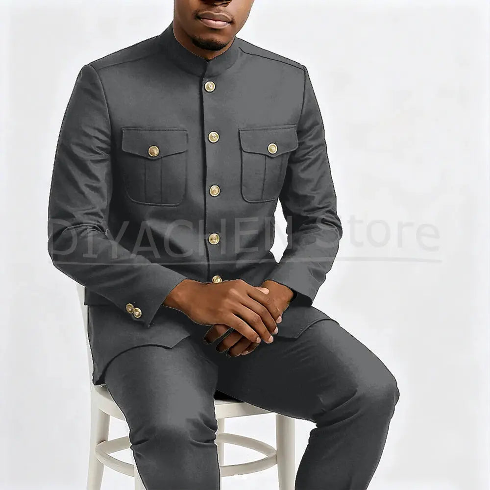 Wrinkle-resistant tailored suit in light gray, maintaining a sharp look.