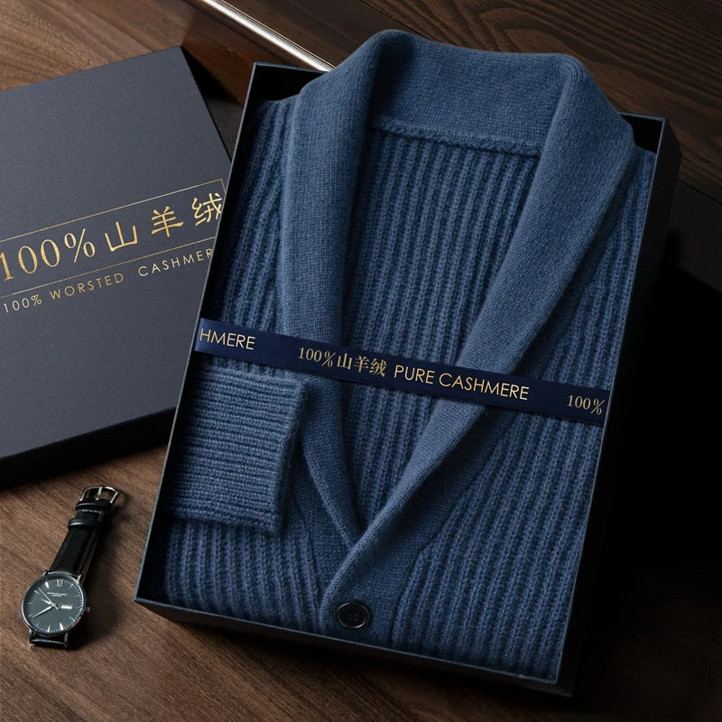 Luxurious pure cashmere knitwear cardigan featuring sophisticated turn-down collar and button front