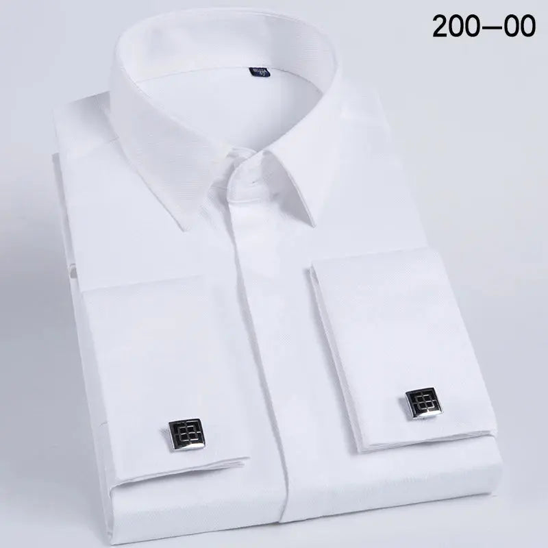 Distinctive square collar adds flair to the tailored formal shirt.