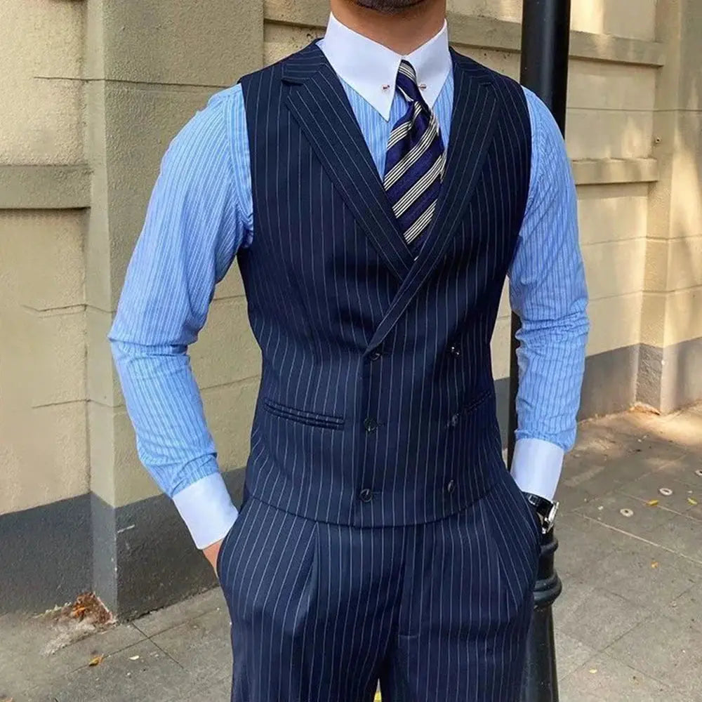 Side view of the double-breasted vest highlighting its vibrant stripes and seamless fit.