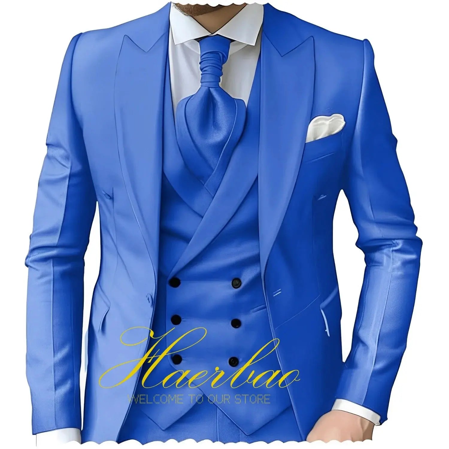 Navy three-piece suit displayed on a mannequin, highlighting its sophisticated design.