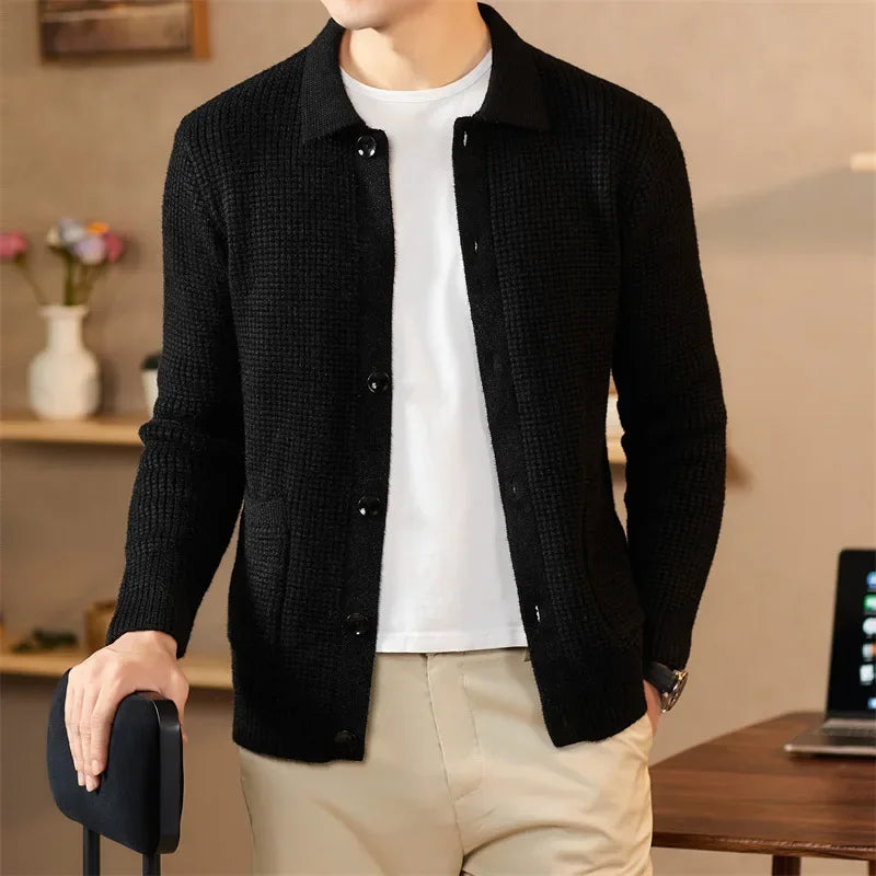 Cozy autumn fashion cardigan, designed for a snug yet stylish silhouette.