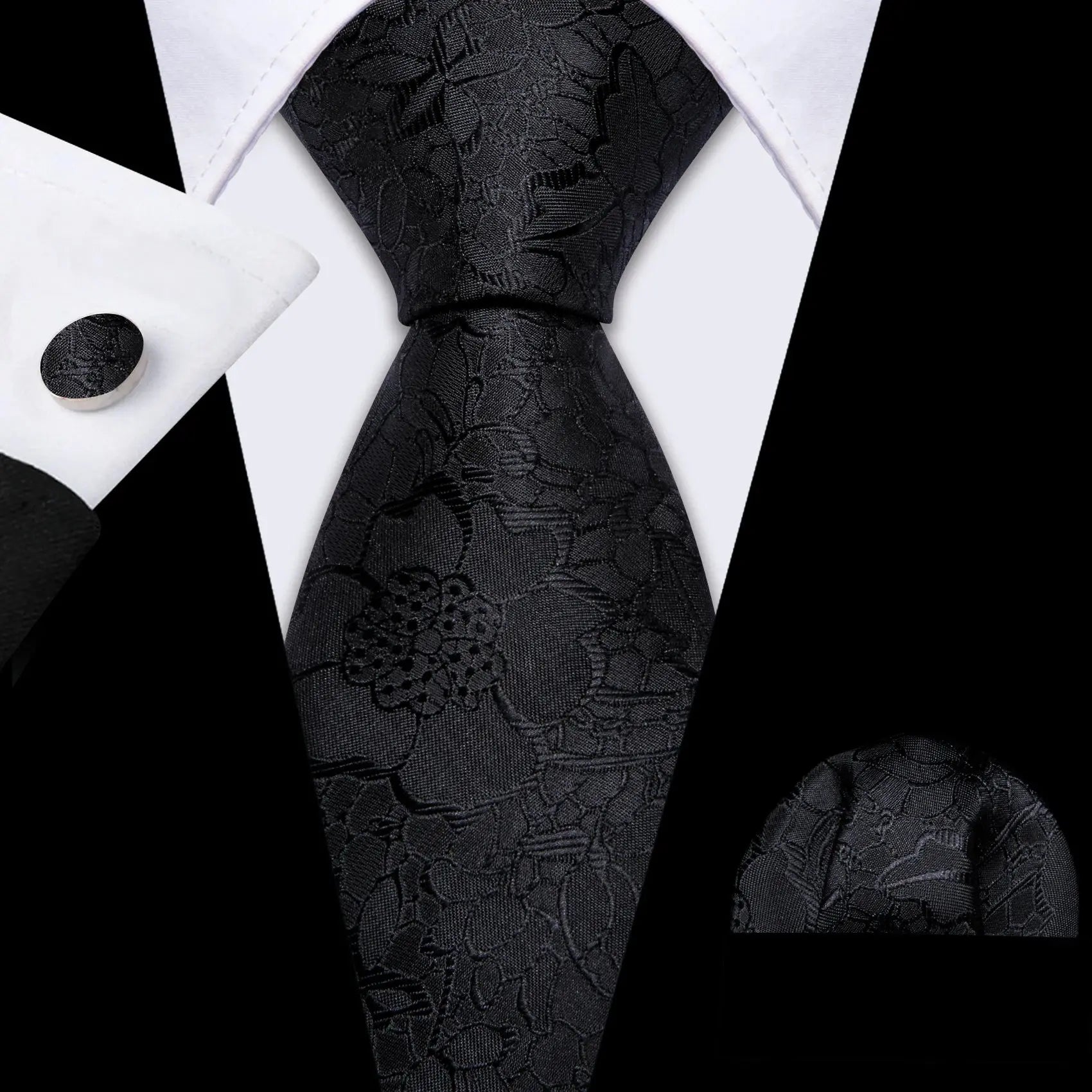 High-quality black silk tie set with matching accessories