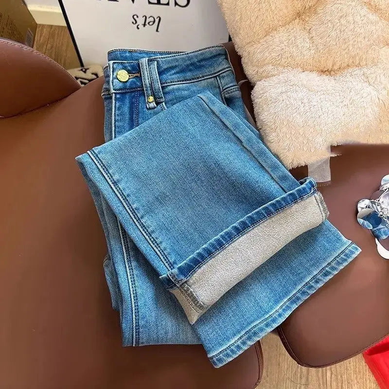 Elegant flare cut jeans showcasing plush velvet lining for supreme comfort and warmth.