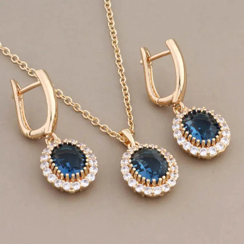 Glimmer in Twilight zircon necklace set with copper accents, showcasing vintage elegance.