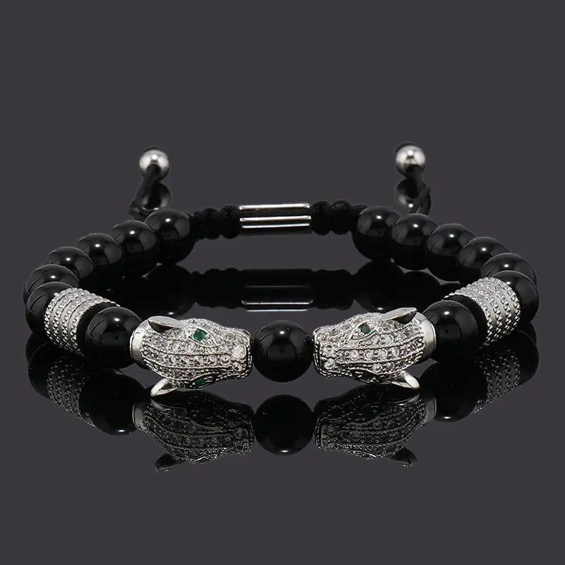 Unisex leopard charm bracelet styled with casual attire, highlighting its versatile design.