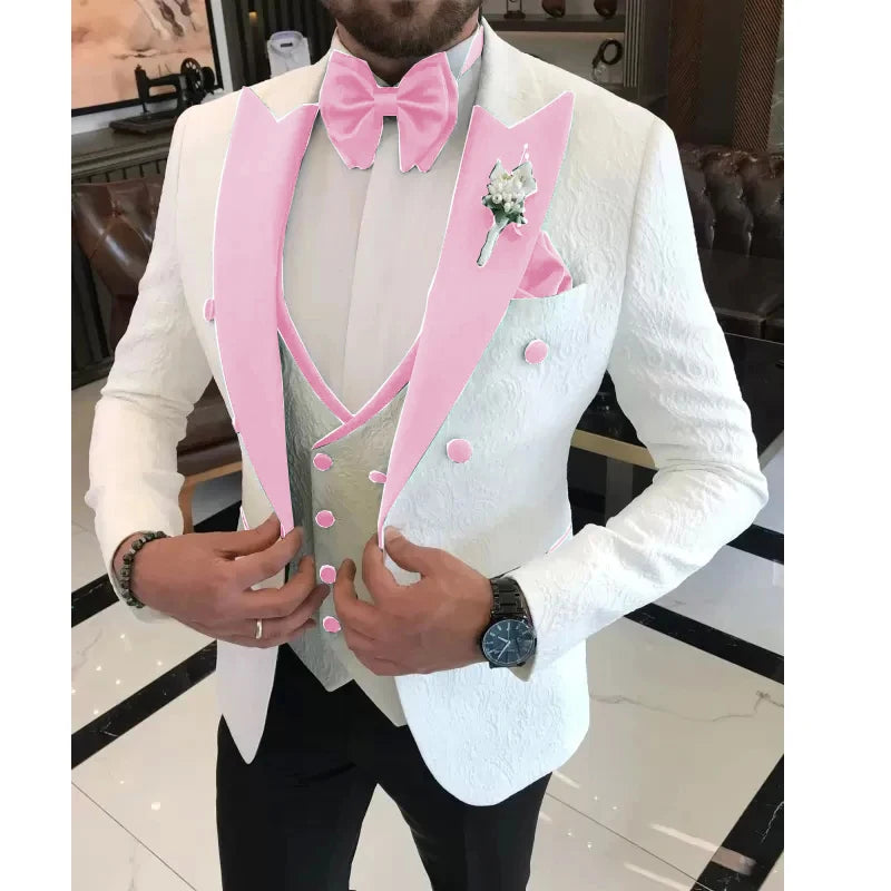 Back view of the double-breasted floral suit highlighting its elegance.