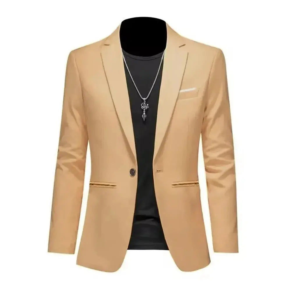 Detail shot of the blazer's fabric texture, emphasizing its non-iron convenience.