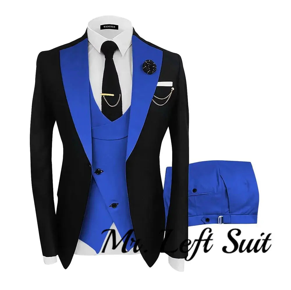 Model walking confidently in the sharp tailored suit set at a wedding.