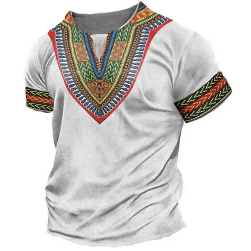 Colorful African print t-shirt featuring bold geometric patterns and traditional textile designs