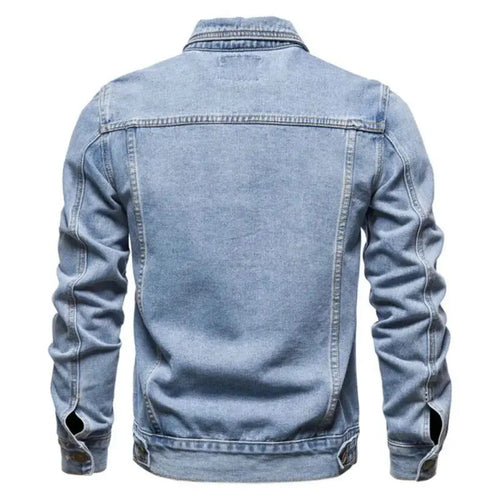 Close-up of Autumn Breeze Denim Jacket's durable fabric, perfect for crisp autumn weather.