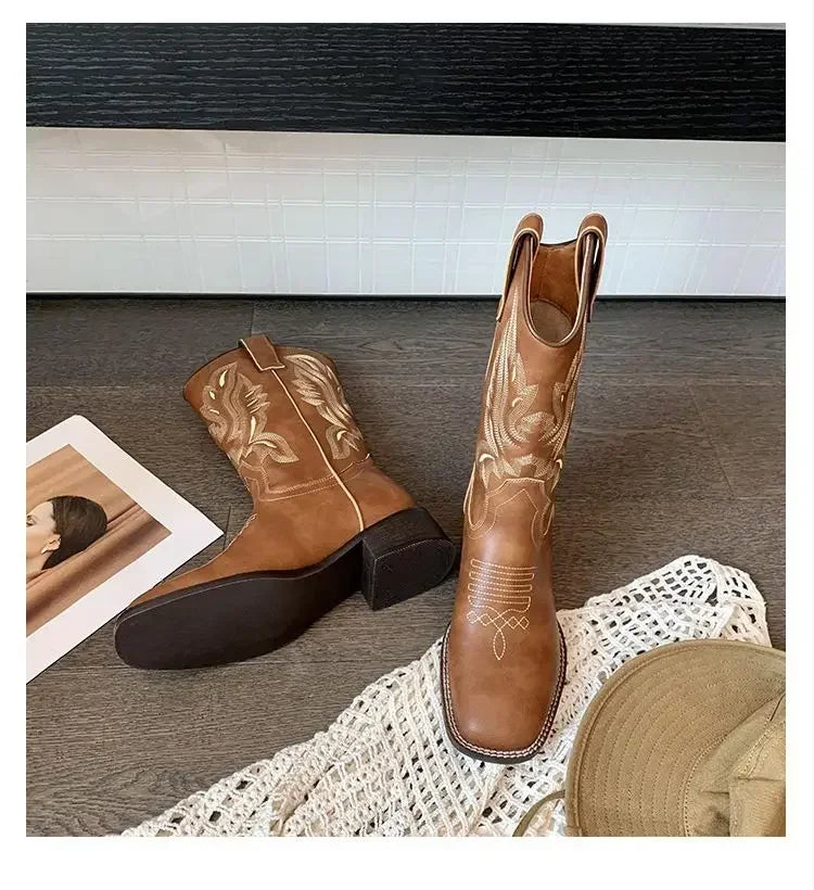 Square toe cowboy boots featuring intricate embroidery and versatile styling options