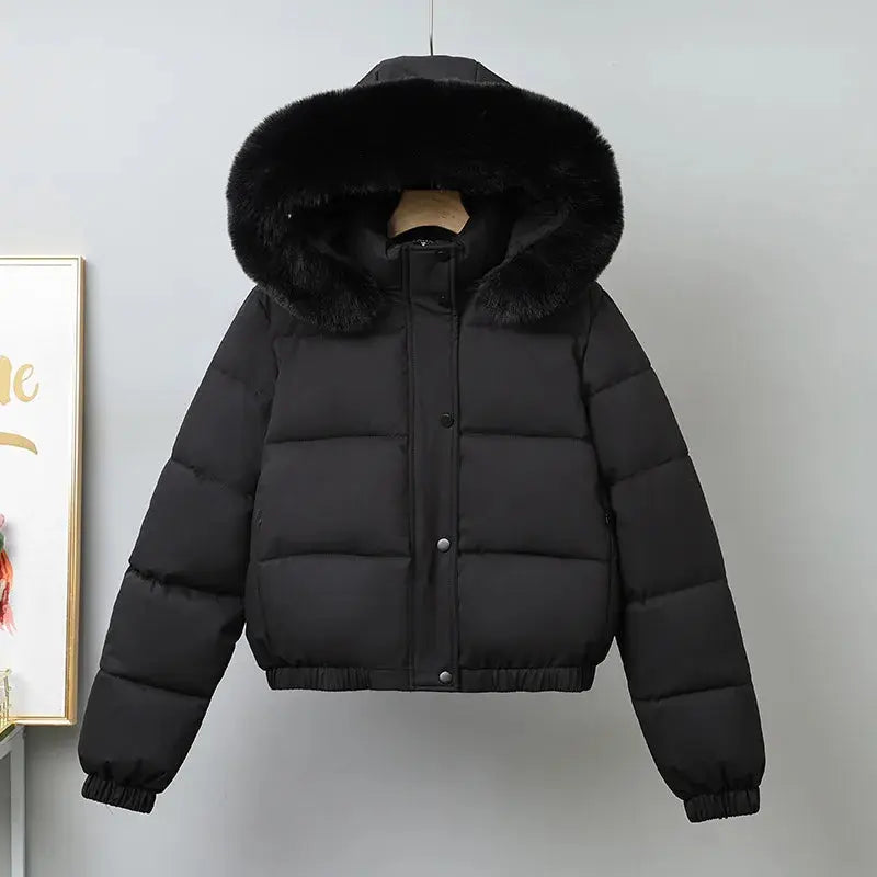 Versatile winter fashion jacket with plush fur collar for warmth.