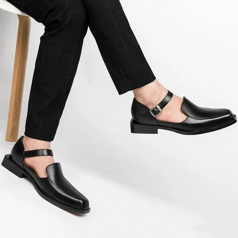 Side view of men's sleek black Derby sandals highlighting the classic style.