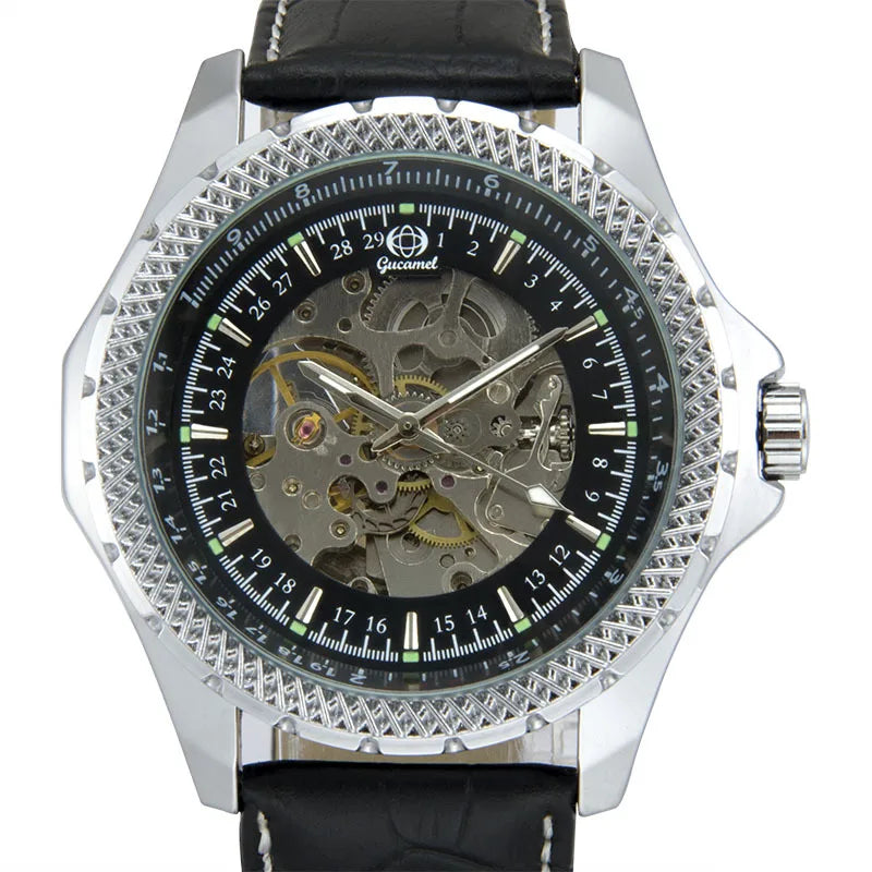 Automatic luxury watch with a sophisticated design and shock-resistant features.