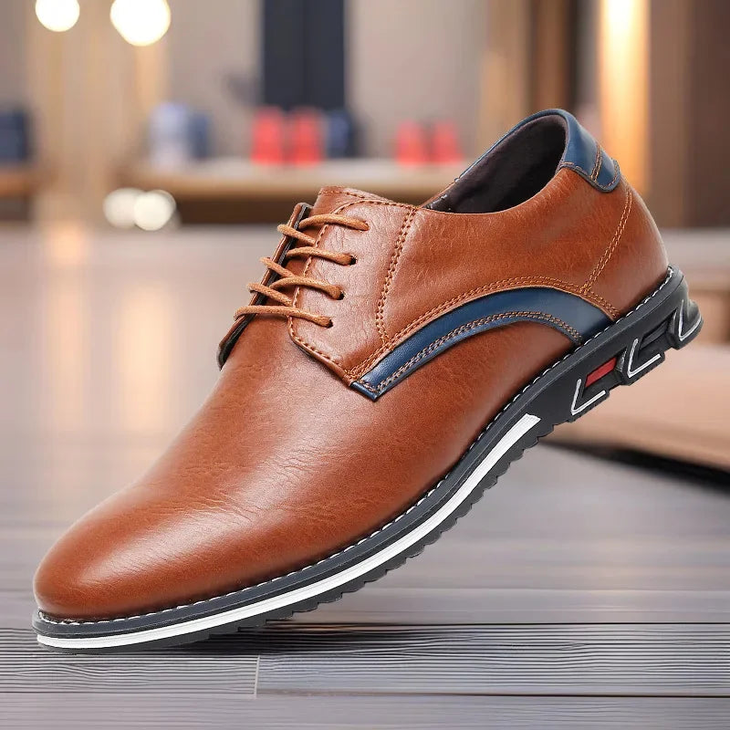 Black leather dress shoes with front lace-up design and rubber sole for professional business wear