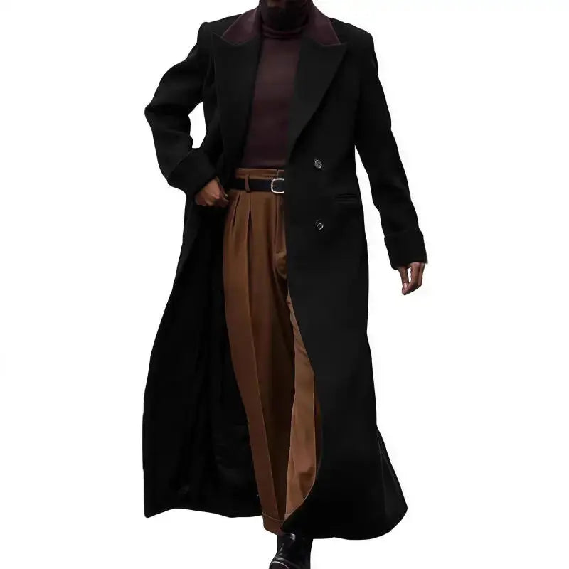 Model wearing the long-cut Winter Elegance Coat, exuding style and poise in a brisk outdoor setting.