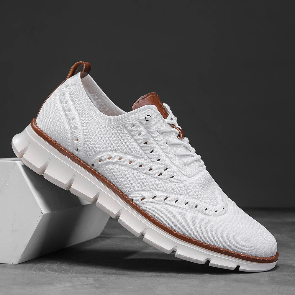 Tan brogue sneakers with EVA cushioned insole and durable grip outsole for all-day comfort