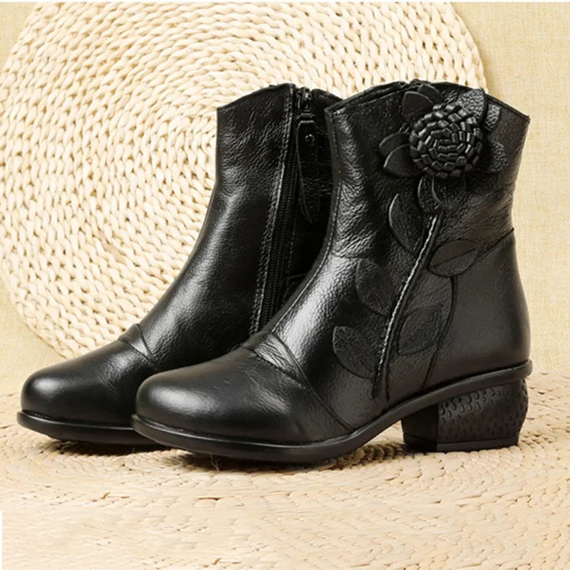 Women's vintage floral boots featuring waterproof materials and anti-slip grip
