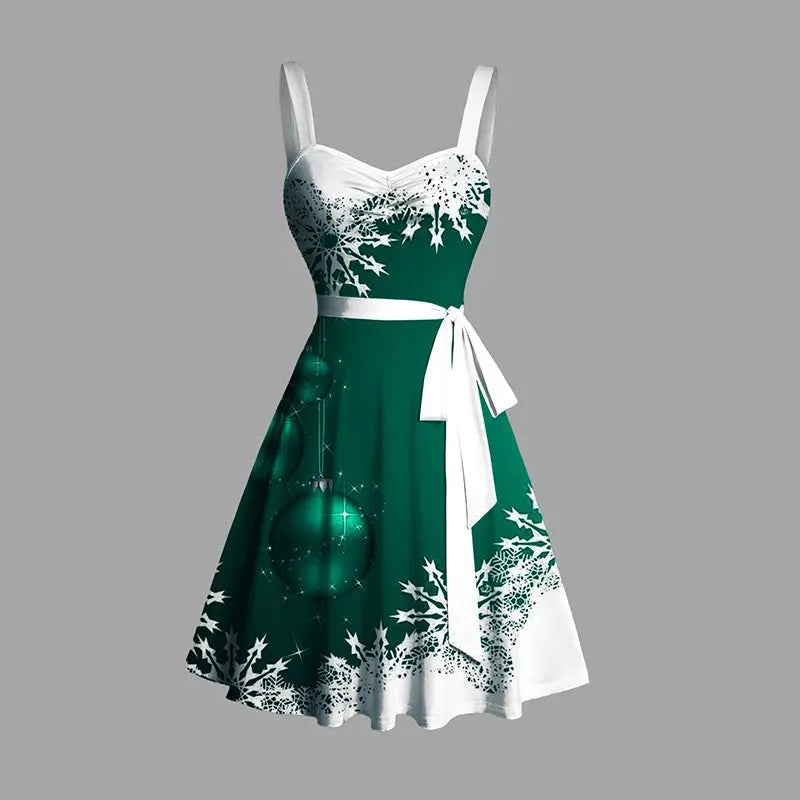 Model dancing in the Holiday Radiance Sleeveless Dress, demonstrating all-night comfort and movement.