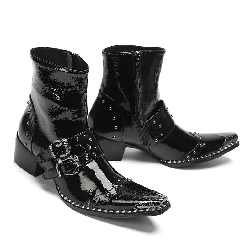Men's pointed toe leather boots with statement metal hardware and genuine leather lining