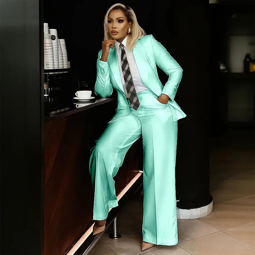 Model showcasing the versatility of the white suit set in a casual setting.
