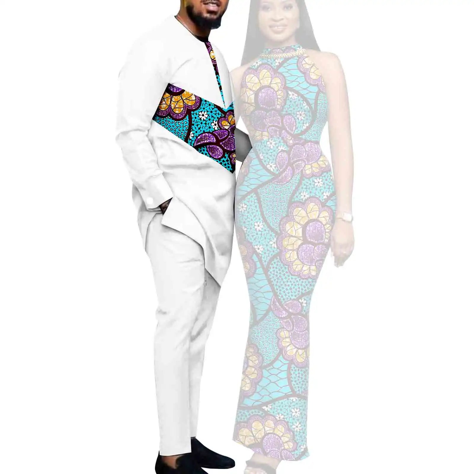 African Print Dresses for Women Couple Matching Clothing for Wedding Men Outfits Dashiki Top and Pants Sets Bazin Riche Y23C030