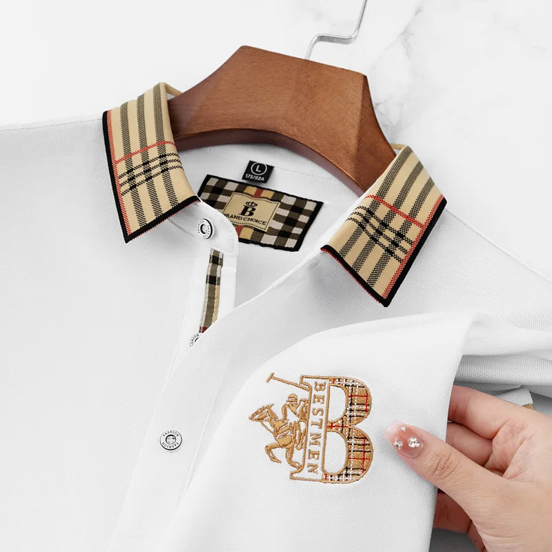 Men's half-sleeve polo featuring embroidered accents and contrasting trim on collar and buttons