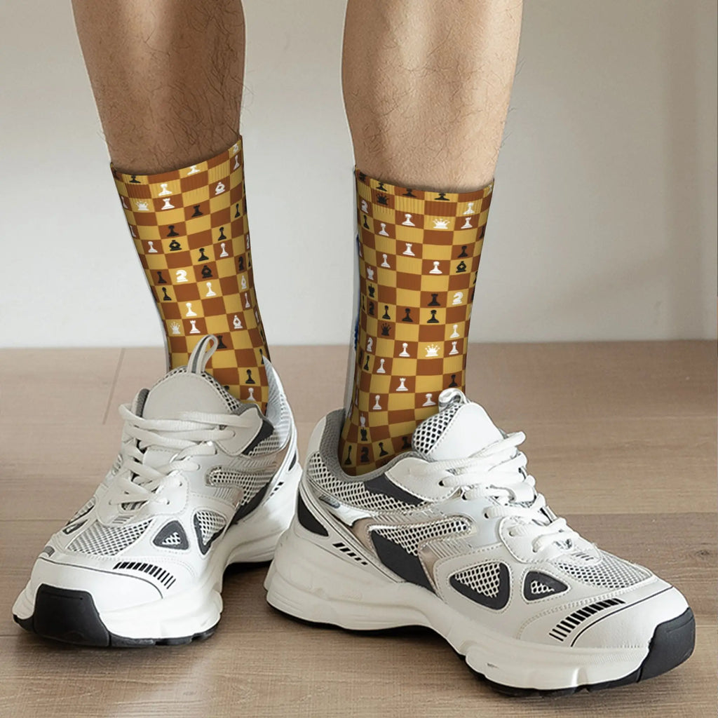 Men's dress socks showcasing a playful chessboard motif for game lovers.
