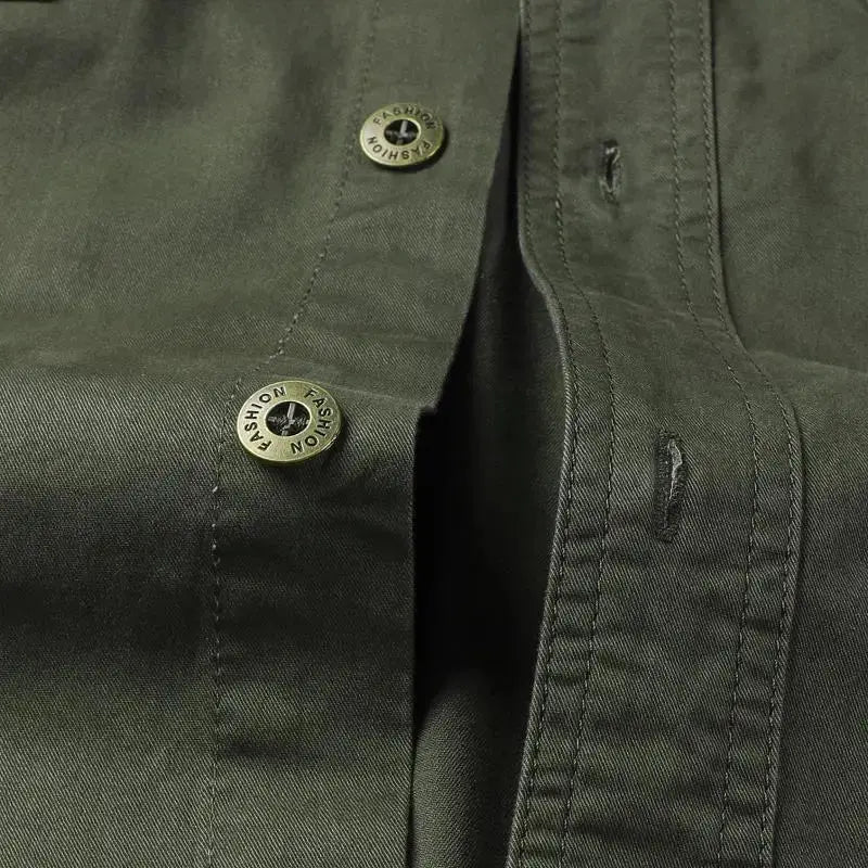 Close-up of breathable cotton fabric of the Commander Shirt showcasing its durable elegance.