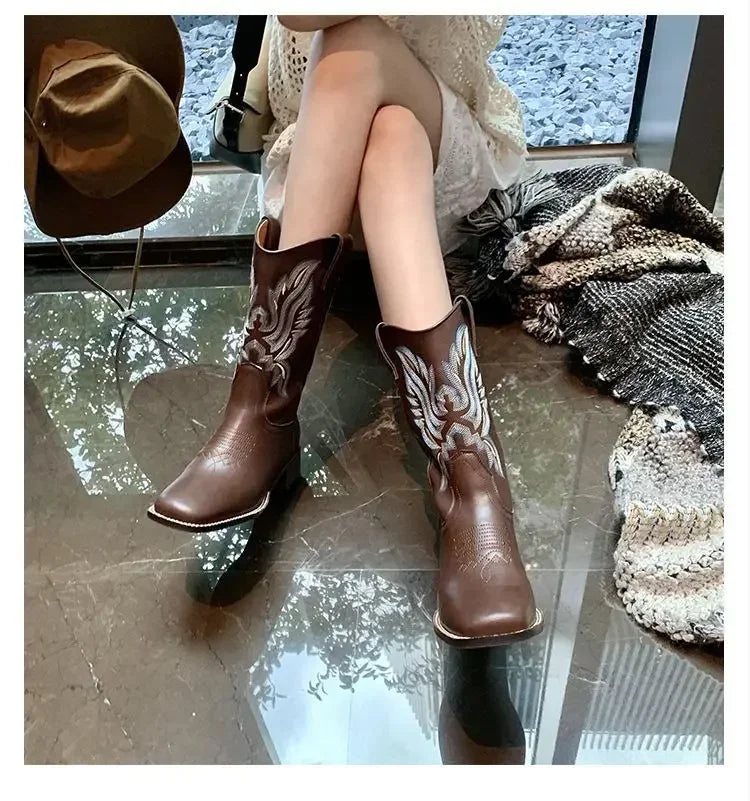 Embroidered cowboy boots featuring square toe comfort and authentic Western craftsmanship