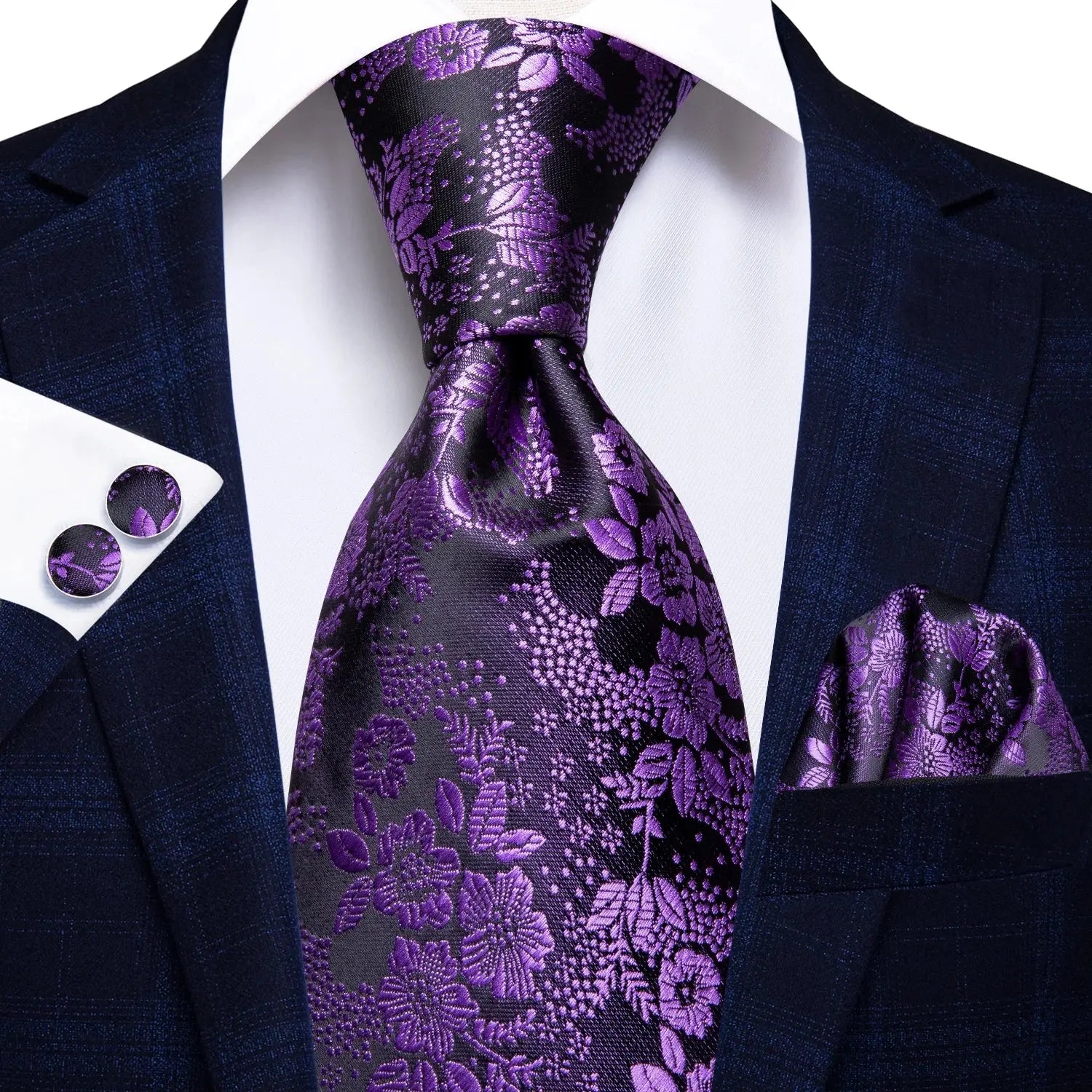 Complete silk tie set with matching accessories for men.